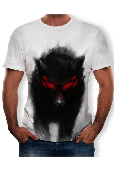 Mens New Trendy Short Sleeve Round Neck Wolf Printed White T-Shirt