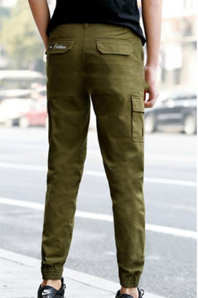 Mens Simple Letter Fashion Embroidered Outdoor Straight Slim Casual Cargo Pants with Side Pocket