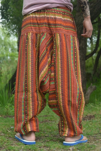 National Style Printed Baggy Drop-Crotch Linen Harem Pants for Men
