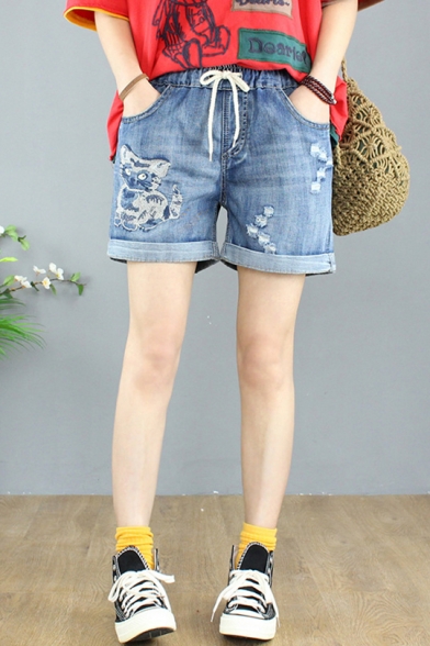 New Arrival Drawstring Cord Rolled Hem Ripped Cat Embroidered Vintage Denim Shorts