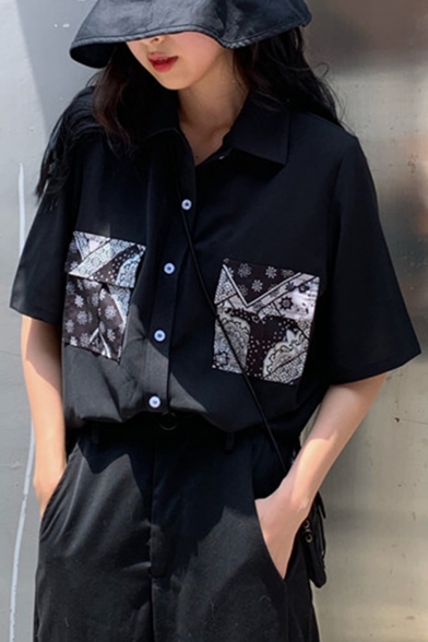 New Arrival Vintage Short Sleeve Lapel Collar Floral Printed Button Down Black Shirt