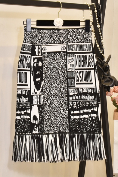 New Arrival Womens Black High Waist Tassel Hem Letter Printed Slim Fit Midi Pencil Skirt