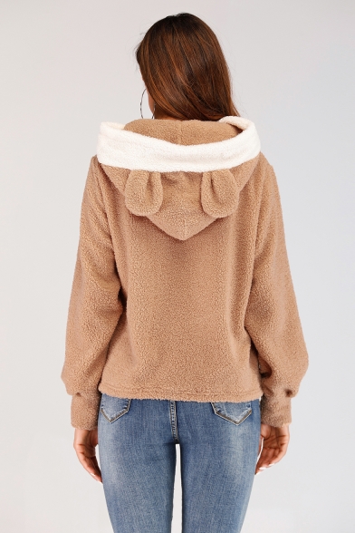 New Arrival Womens Long Sleeve Colorblock Patch Cute Ear Design Fluffy Fleece Pullover Hoodie