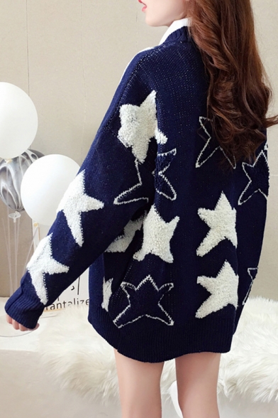 New Campus Style Star Print V-Neck Bloomer Sleeve Cardigan Coat for Women