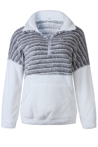 New Fashion Color Block Half-Zip Stand Collar Long Sleeve Plain Fluffy Teddy Sweatshirt With Pocket