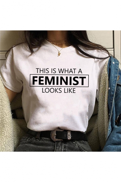 New Fashion Feminist Girl Power Printed Basic Round Neck Short Sleeve White Tee