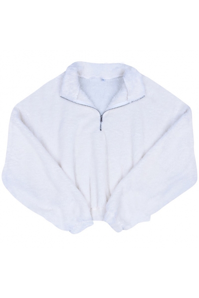 New Fashion White Half-Zip Stand Collar Long Sleeve Plain Cropped Casual Fluffy Shearling Sweatshirt