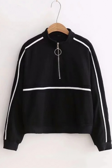 New Leisure Striped Zippered Stand Collar Long Sleeves Sweatshirt