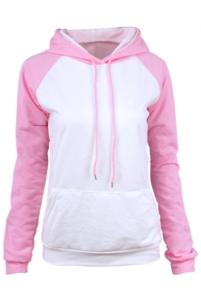 New Stylish Drawstring Hood Color Block Long Sleeve Hoodie With Pocket