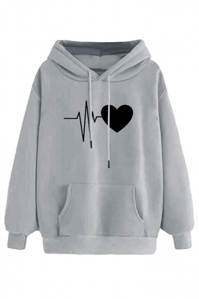 New Stylish Funny Cardiogram Love Heart Printed Long Sleeve Hoodie With Pocket