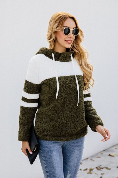New Trendy Color Block Striped Long Sleeve Fluffy Teddy Hoodie