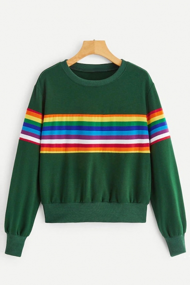 New Trendy Colorful Stripe Print Round Neck Long Sleeve Pullover Sweatshirt