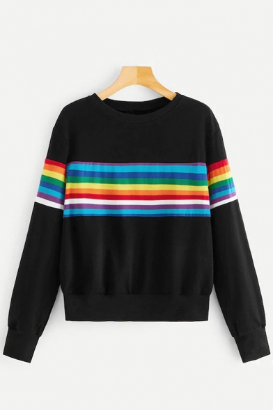 New Trendy Colorful Stripe Print Round Neck Long Sleeve Pullover Sweatshirt