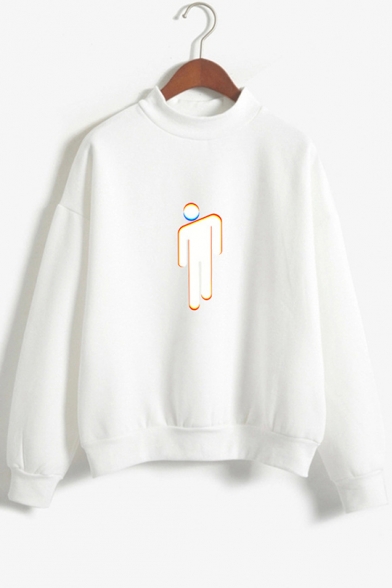 New Trendy Long Sleeve Mock Neck Cartoon Figure Puppet Printed Casual Loose Pullover Sweatshirt
