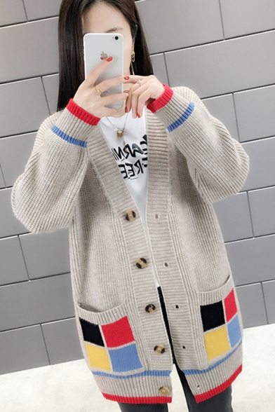 New Womens Plain Ribbed Knit Drop Sleeve Button Open Front Cardigan with Plaid Print Pockets