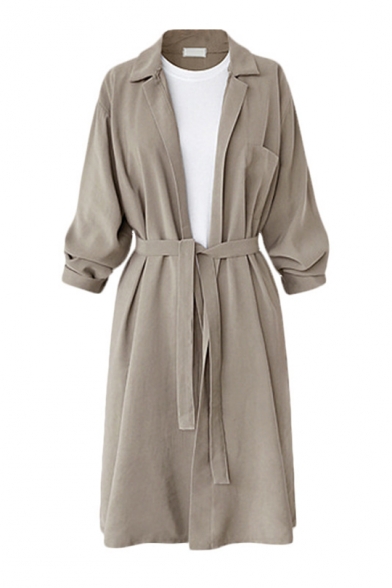 Notched Lapel Open Front Tied Waist Long Solid Color Trench Coat
