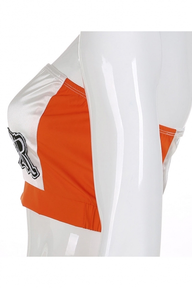 Orange Strapless Zip Front Elastic Hem Colorblock Patch Bandeau T Shirt