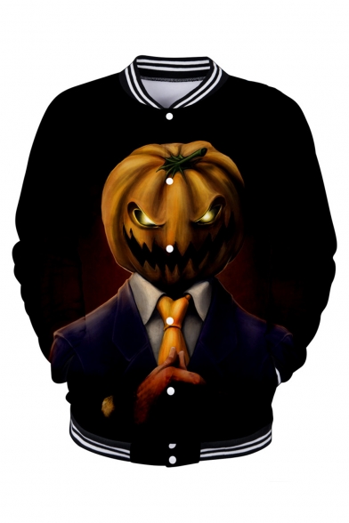 Popular Halloween Pumpkin Pattern Rib Stand Collar Long Sleeve Button Front Black Unisex Baseball Jacket