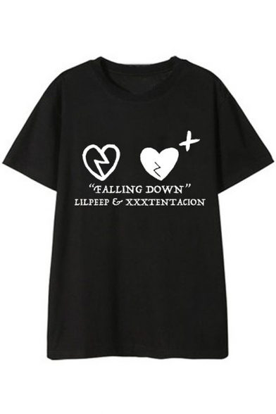 Popular Heart Letter FALLING DOWN Printed Cotton Loose Short Sleeve Graphic Tee