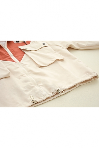 Preppy Chic Stripe Colorblocked Drawstring Hooded Flap Pocket Zipper Work Jacket Coat