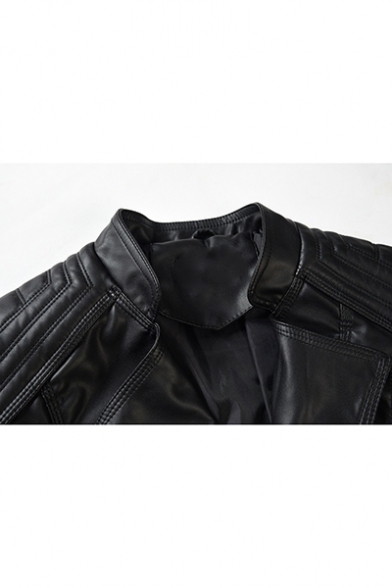 Punk Style Plain Lapel Collar Long Sleeve Zip Front PU Cropped Motorcycle Jacket
