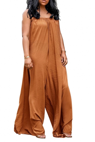 Sexy Brown Straps Sleeveless Wide Leg Casual Loose Jumpsuits