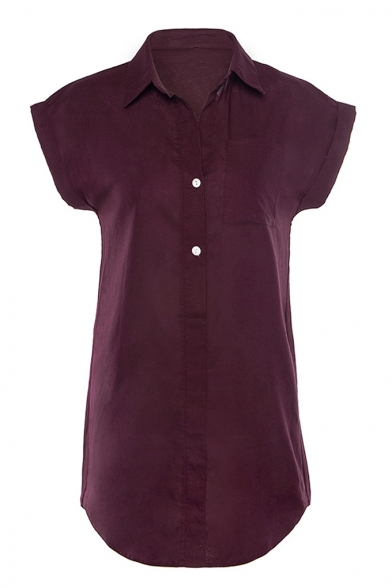 Simple Plain Short Sleeve Lapel Collar Pocket Embellished Button Front Womens Cotton Linen Shirt Blouse