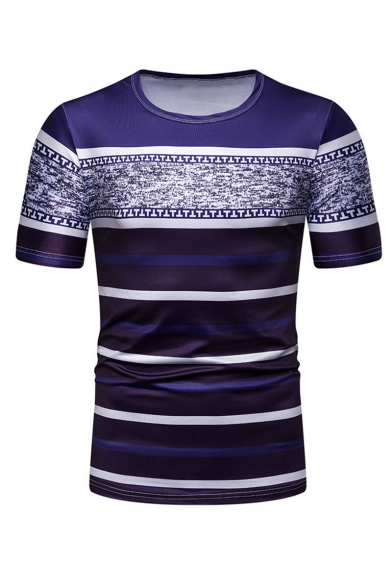 Stripe Printed Short Sleeve Round Neck Fitted Leisure Mens T Shirt