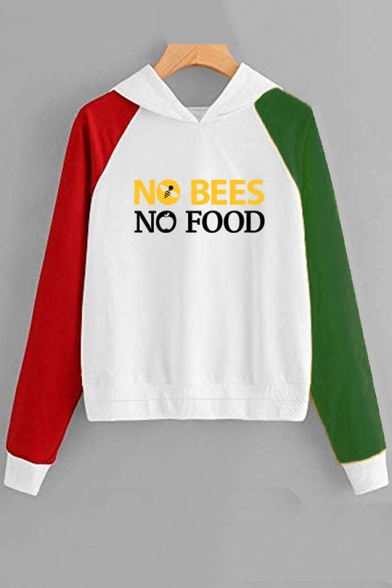 Stylish Letter NO BEES NO FOOD Bee And Apple Printed Long Sleeve Color Block Pullover Hoodie