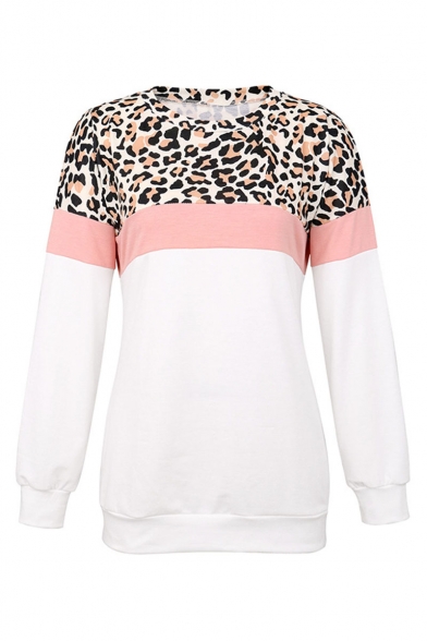 Stylish Round Neck Long Sleeve Camo Leopard Colorblock Patch Pullover Sweatshirt