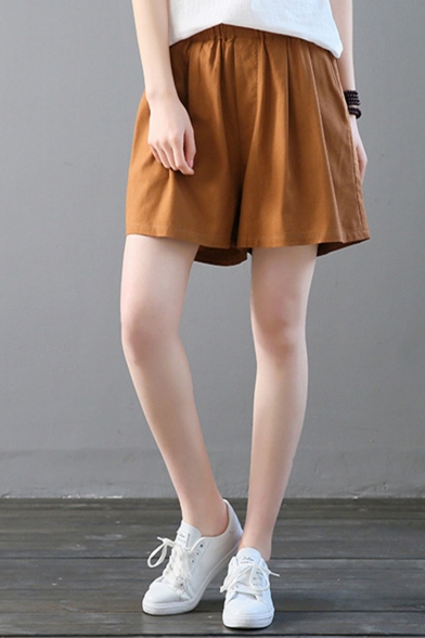 Stylish Solid Color Elastic Waist Casual Loose Linen Culottes Shorts