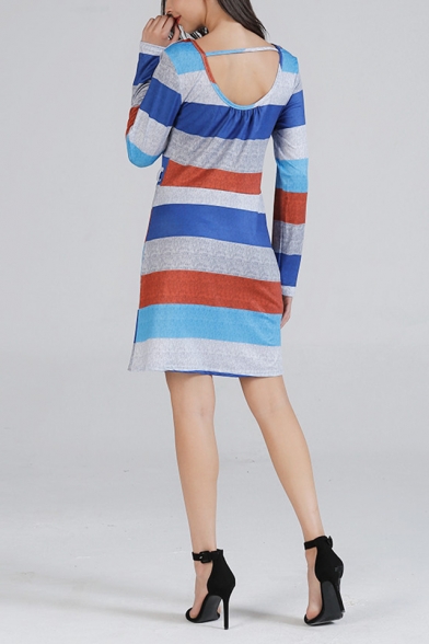 Stylish Stripe Pattern Round Neck Long Sleeve Mini Fitted T-Shirt Dress