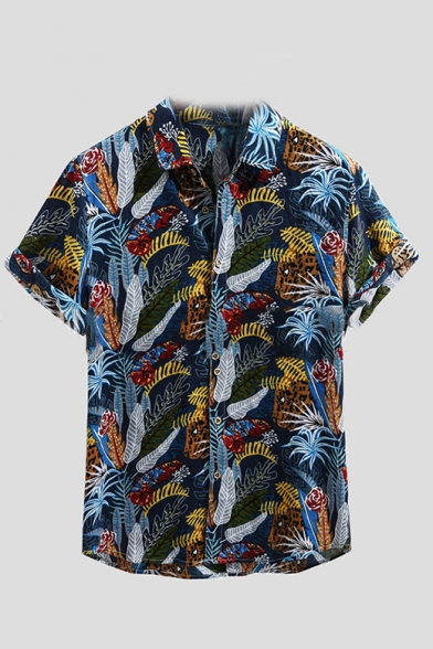 Summer Hot Fashion Plant Pattern Casual Short Sleeve Lapel Collar Shirt for Guys
