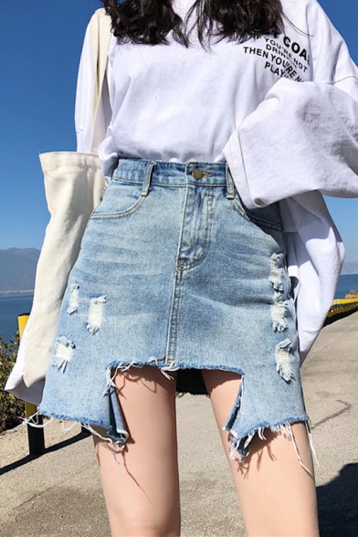 Summer Hot Popular High Waist Distress Asymmetric Raw Hem Mini A-Line Denim Skirt
