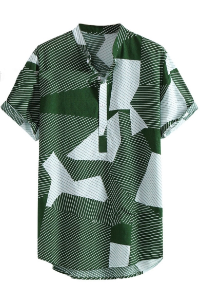 Summer Geometric Pattern Casual Lapel Collar Short Sleeve Cotton Shirt for Guys