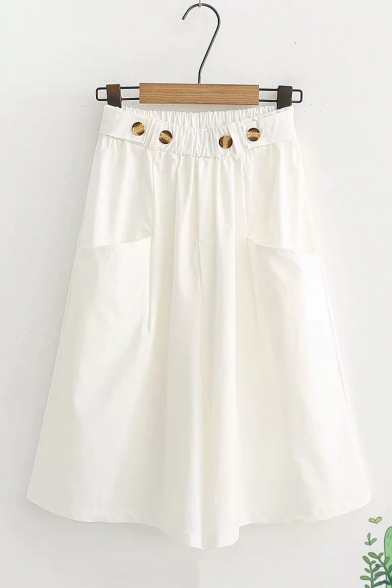 Summer Simple Plain Elastic Waist Button Front Casual Loose Wide Leg Pants with Pocket