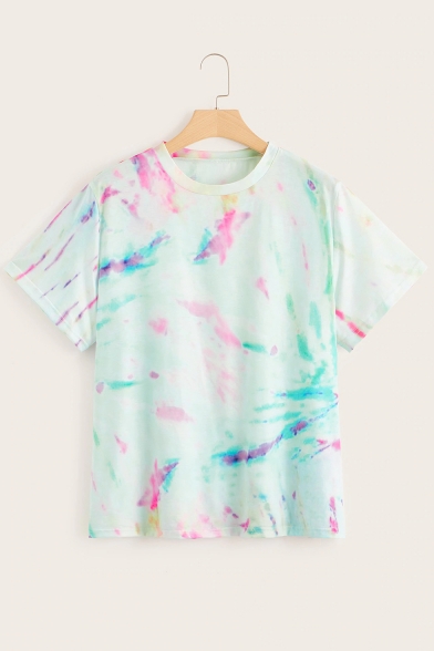 Summer New Arrival Round Neck Short Sleeve Tie Dye Prinit Casual Plus Size White T-Shirt