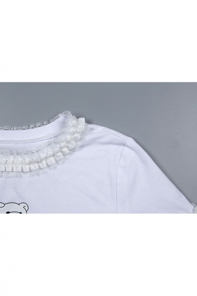 Summer New Arrival Short Sleeve Round Neck Bear Printed Lace Trim White Cropped T Shirt