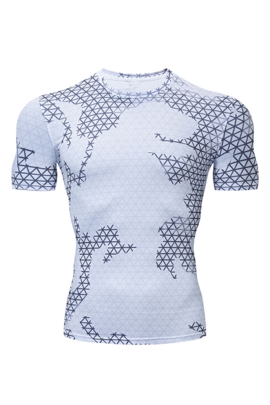 Summer New Stylish Geometric Pattern Round Neck Short Sleeve Slim Fitted Sports White T-Shirt For Men