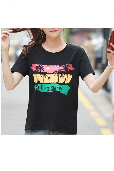 Summer New Stylish SOOTHING SUMMER Letter Tropical Printed Round Neck Short Sleeve Black T-Shirt