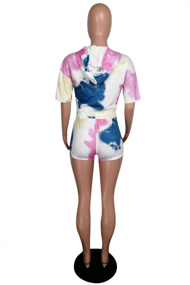 Summer's New Tie Dye Print Short Sleeve Hoodie T Shirt with Drawstring Sporty Shorts Two Piece Set