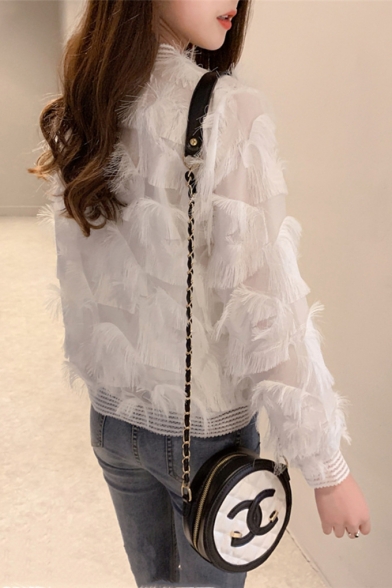Sweet Girls New Trendy Feather Tassel Embellished Long Sleeve Beige Zip Up Jacket