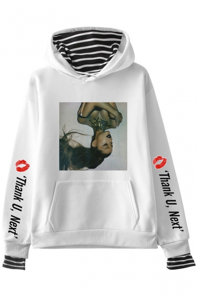 Thank U Next Letter Figure Printed Long Sleeve Fake Two Piece Hoodie with Pocket