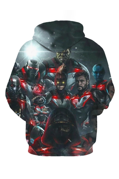 Comic Character 3D Printed Long Sleeve Relaxed Fit Grey Drawstring Pullover Hoodie