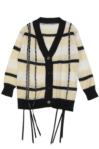 Trendy Color Block Unique Strap Embellished Mohair Button Down Knitwear Cardigan