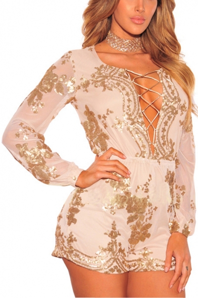 Trendy Plunge V Neck Sheer Long Sleeve Lace Up Front Cutout Sequin Embellished Rompers