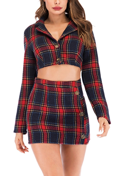 Trendy Red Plaid Print Collared Long Sleeve Crop Coat Top Tube Skirt Co-ords