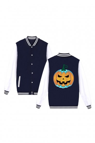 Unique Funny Halloween Pumpkin Printed Rib Stand Collar Long Sleeve Single Breasted Baseball Jacket
