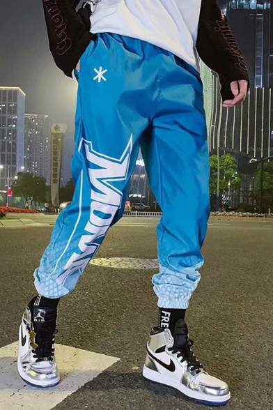 Unisex New Fashion Ombre Color Letter Printed Loose Fit Elastic Cuffs Blue Hip Pop Track Pants