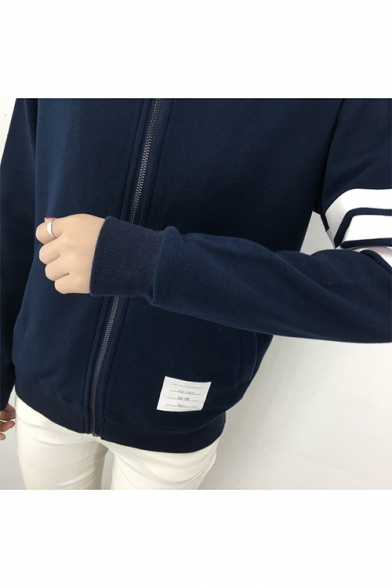 White Stripe Panel Stand Up Collar Zipper Plus Size Baseball Jacket with Pocket